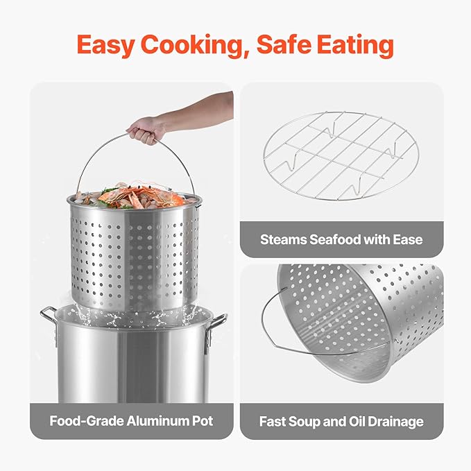 VEVOR 60 Qt Seafood Boiling Kit with Strainer, Outdoor Seafood Boil Pot and Basket, Cooking Set for Crab Crawfish Lobster Boiling, Aluminum Stockpot with 100,000 BTUs Propane Burner and Steamer Rack