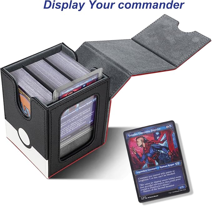 AFIING MTG Deck Box for Commander Display,Card Deck Case Fits 100 Double Sleeved Cards, Magic Commander TCG Card Storage Box with 2 Dividers,Dice Bag and 1 Toploader(Red Black)