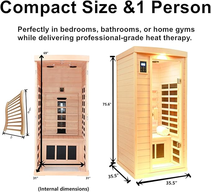 Ceramic Infrared Sauna with Backrest, 1 Person Low EMF Far Infrared Sauna for Home, 1300watt Canadian Hemlock Wood Indoor Saunas with 6 Heating Panels,Blue-Tooth Control, LCD Display