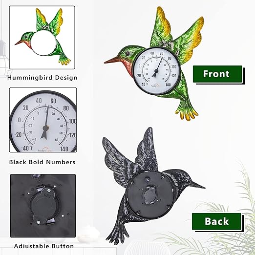 Indoor Outdoor Thermometer, Hummingbird Wall-Mounted Thermometer Waterproof for Patio Garden Yard & Living Room, No Battery Needed