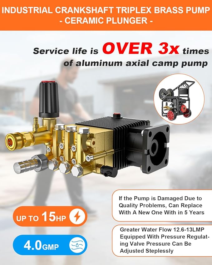 4400 PSI Gas Pressure Washer, One-Button Start 296cc 15HP Engine 4GPM, Includes Hose Reel, 50 FT 3/8 inch Hose, 5 Quick Connect Nozzles, Spray Gun and Wand