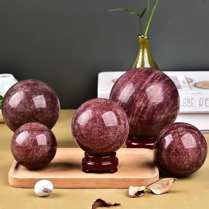 JIC Gem Large Healing Crystal Ball with Decoation Stand Red Strawberry Gemstone Sphere Ball for Meditation 、Energy、Reiki Ball (90-100mm)