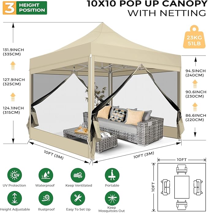 COBIZI 10x10 Heavy Duty Pop Up Canopy Tent with 4 Sidewalls, Commercial Gazebo Party Tent with Mosquito Netting Wall Easy Set Up Outdoor Instant Screen Canopy for Backyard, Patio, Garden, Khaki