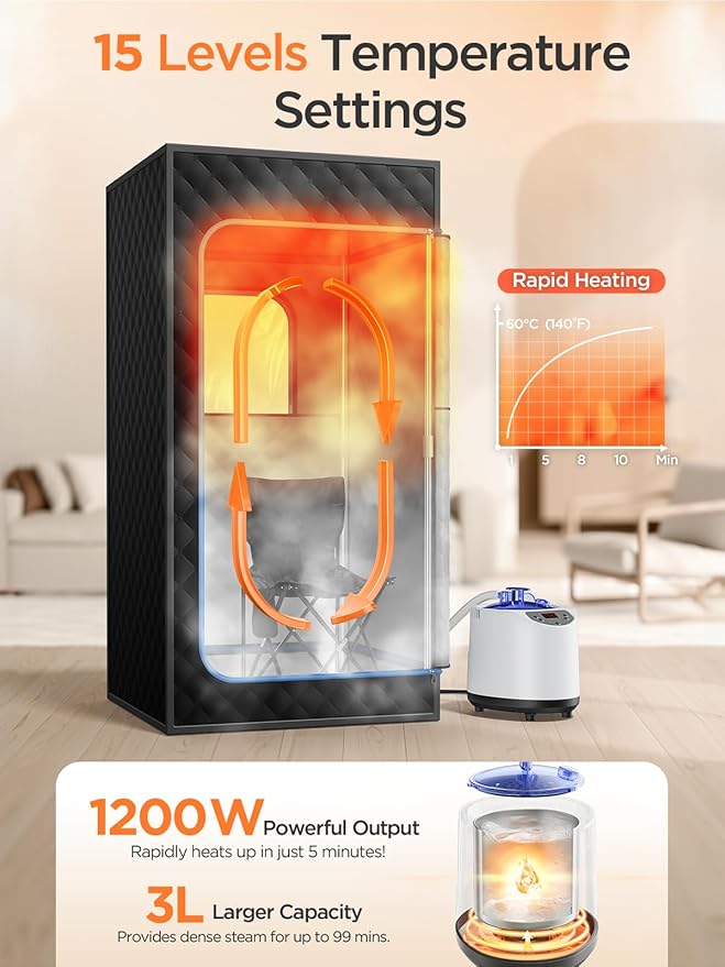 Sauna Box, Portable Sauna for Home, Personal Portable Steam Sauna Tent with 1200W 3L Steamer Heater, 15 Levels, Remote Control, Foldable Chair, Cozy Big Size 36 * 36 * 71 inches