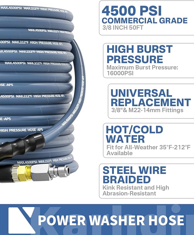 Pressure Washer Hose 50FT 3/8" for Cold and Hot Water 212°F, with Swivel Quick Connect, 4500PSI Kink Resistant Grade Steel Wire Braided, Power Washer Hose With 2pcs M22-14mm Adapter