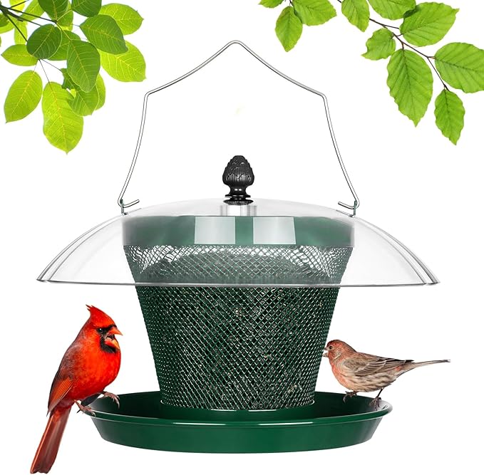 Veehoo Bird Feeders for Outdoors Hanging-Cardinal Bird Feeder with Weatherproof Dome, Wild Meta Finch Feeder for Outside 2.5 lbs Sunflower Seed Capacity, Green