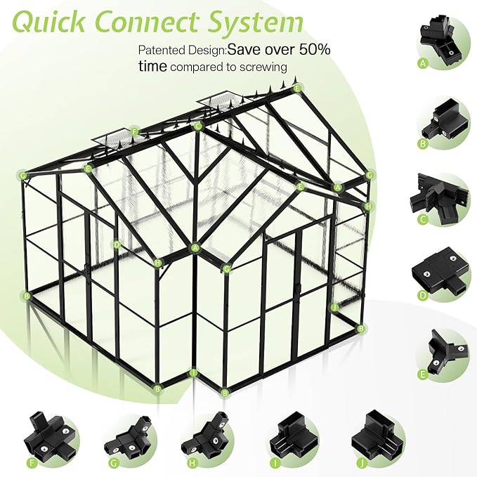 AMERLIFE 12x10x8 FT Hybrid Polycarbonate Greenhouse, Quick-Connect Aluminum Frame, Dual Roof Vents & Double Doors, Walk-in Backyard Greenhouse with Gutters, Black