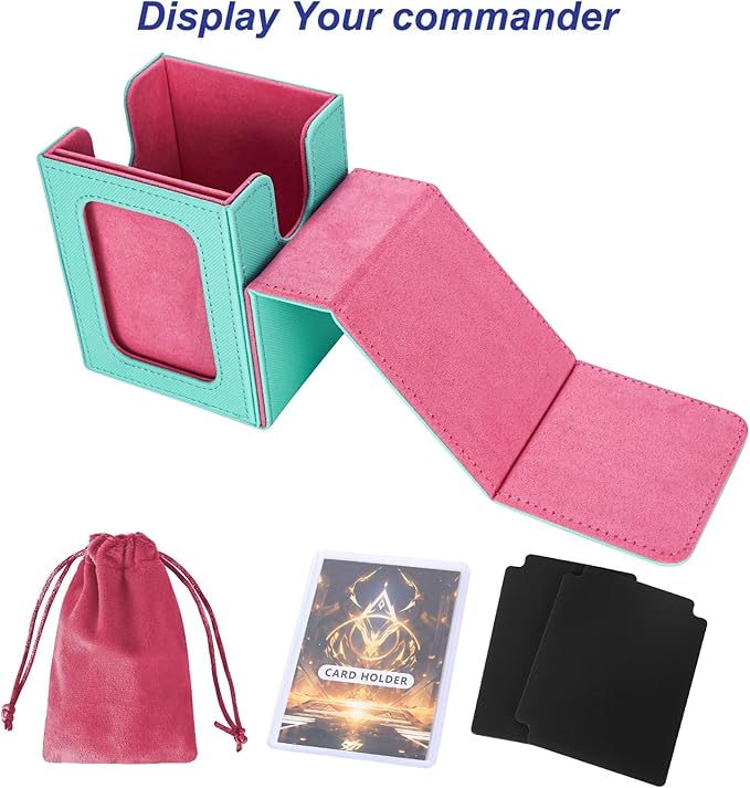 AFIING MTG Deck Box for Commander Display,Card Deck Case Fits 100 Double Sleeved Cards, Magic Commander TCG Card Storage Box with 2 Dividers,Dice Bag and 1 Toploader(Green Rose pink)
