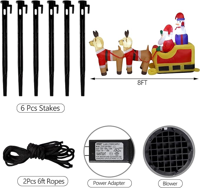8ft Long Christmas Inflatable Santa Claus & Snowman on Sleigh with Reindeers, Xmas Blow up Yard Decorations with Built-in LED Lights for Outdoor Garden Lawn Xmas Holiday Decor