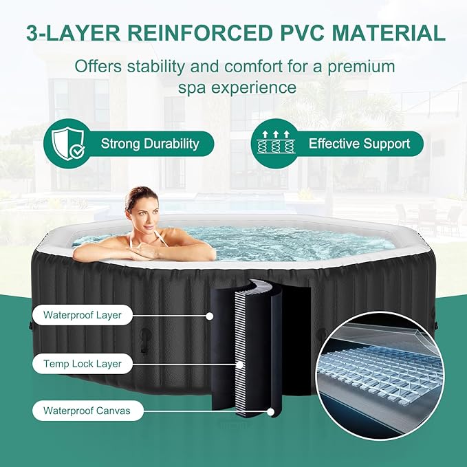 DoCred 4-6 Person Inflatable Hot Tub, 77" X 77" X 25" Octagonal Blow up Portable Hot tub with 130 Bubble Jets, Large Outdoor Spa Bathtub Set Included Heater Pump, Insulated Cover and Filter