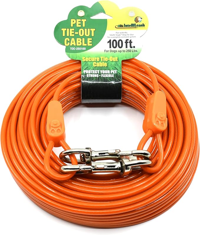 IntelliLeash 100FT Tie-Out Cables for Large Dogs - Strong, Safe, and Durable Dog Tie-Outs for up to 250 Pounds - Weather and Wear Resistant Galvanized Aircraft Cable for Outside Use
