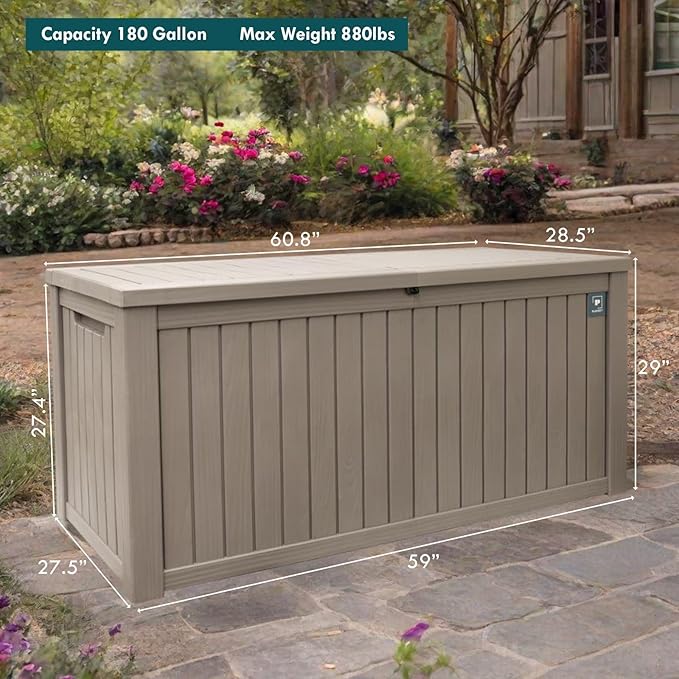 Outdoor Storage Box, 180 Gallon Deck Boxes Outdoor Waterproof, Resin Waterproof Deck Box for Patio Furniture Outdoor Cushions Garden Tools and Pool Storage (Light Brown,180 Gallon-)