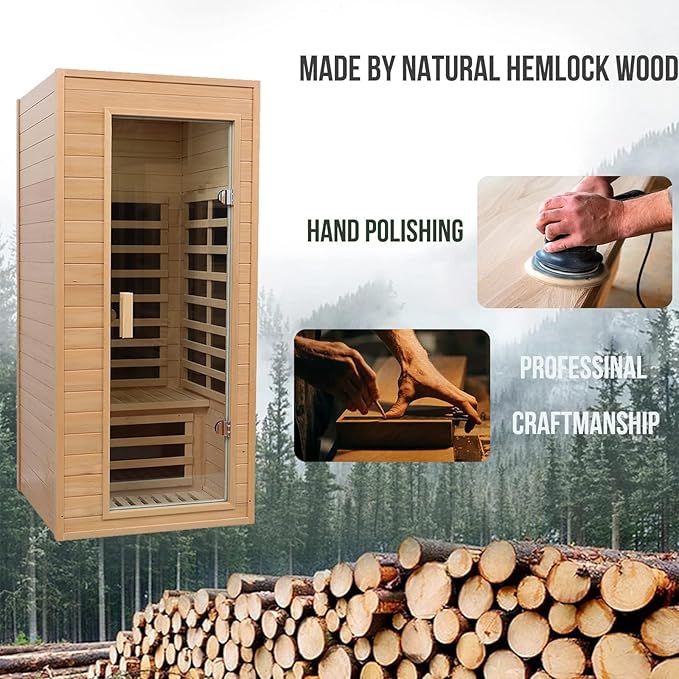 1 Person Infrared Sauna, Low EMF Infrared Saunas for Home, Hemlock Wooden Far Infrared Sauna Indoor, 1,200watt, Home Sauna Spa, with Bluetooth Speakers, LED Light, Smart Display