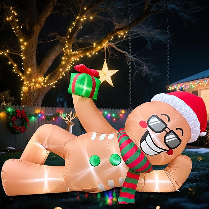9.2 FT Inflatables Lying Gingerbread Man Outdoor Decorations, Blow Up Giant Inflatables Sleeping Gingerbread Man with LED Lights for Eaves Roof Lawn Xmas Winter Party Holiday Indoor & Outdoor Decor