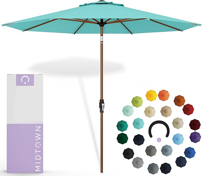 Midtown Umbrellas Sunbrella Umbrella Large Patio Umbrella 2-10 Feet in Aruba Acrylic Fabric - Auto-Tilt Aluminum Frame For Backyard Umbrella, Deck Umbrella & Porch Umbrella - Wooden Pole