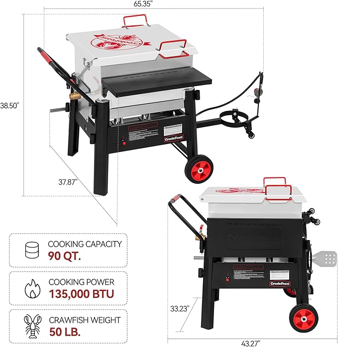 Creole Feast CFB1001A 90 QT Crawfish Boiler, Outdoor Single Sack Propane Gas Cooker with Folding Cylinder Mounting Bracket and Stirring Paddle for Seafood & Crawfish Season, Black