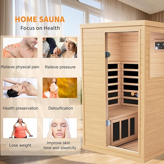 Infrared Wooden Sauna 1 Person Infrared Saunas for Home Dry Sauna for Home,Low Emf Infrared Sauna 1050W Indoor Saunas,Traditional Sauna,Bluetooth Speakers, Reading Lamps,Room:63 * 28.74 * 36.61Inch