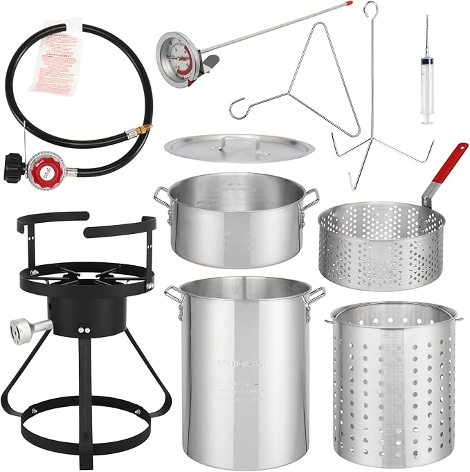 Turkey Fryer Pot with Basket and Burner, 54000-Btu Propane Fryers, include 30qt Deep Pot & 10qt Fish Fryer, Aluminum & Iron, Rapid Heating, Complete Outdoor Cooking Kit for Boiling and Frying, Silver