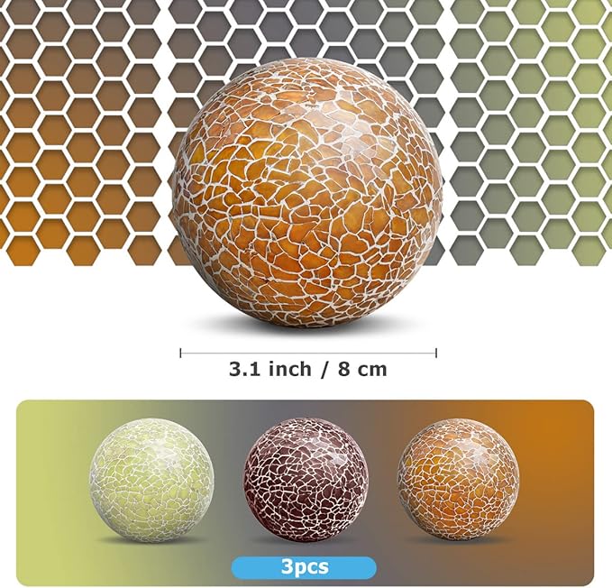 3 PCS 3.35inch Glass Mosaic Sphere Balls Mix Color Table Bowls Vases Centerpieces Set Christmas Party Living Room Thanksgiving Wedding Festival Decorative Orbs
