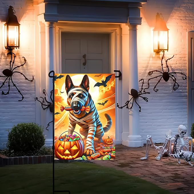 Halloween Garden Flag 12x18 Double Sided - Pumpkin German Shepherd Decorations for Home Outdoor - Dog Yard Flags for Outside
