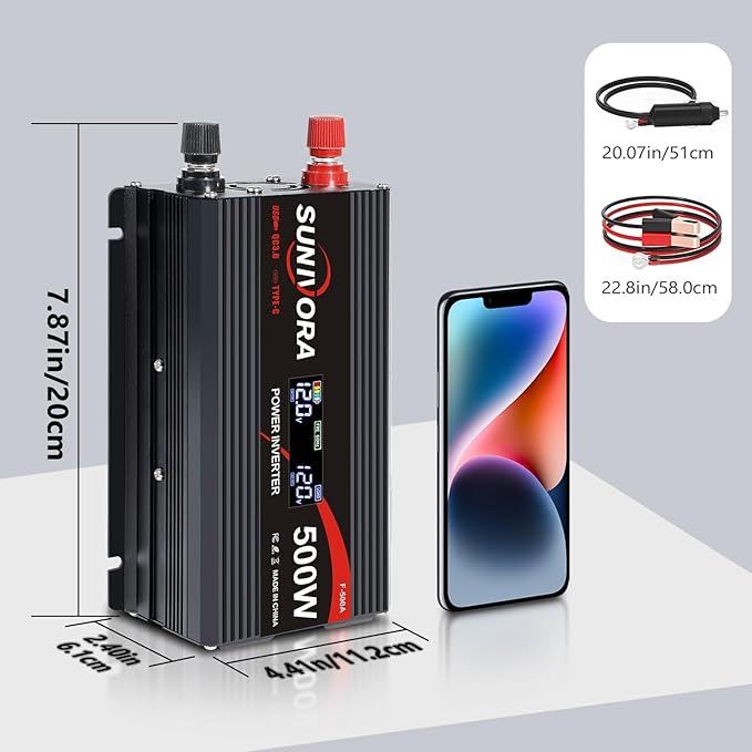 500 Watt Inverter with LCD Display 12V DC to 110V/120V AC 1000 Watt(Peak) Car Power Inverter with 2 AC Outlets 20W PD USB-C and 18W QC USB-A Power Converter for Car, Laptops, Road Trip