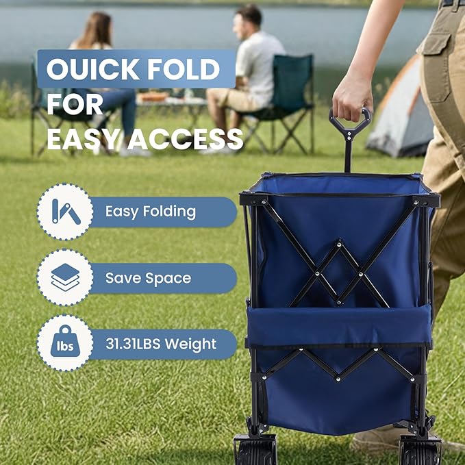 DUMOS Large Capacity Folding Double Decker Wagon with Brakes, 440 lbs Wagons Carts Foldable Wagon Cart with Flexible Handle, All-Terrain Big Wheels for Grocery Sports Garden Camping