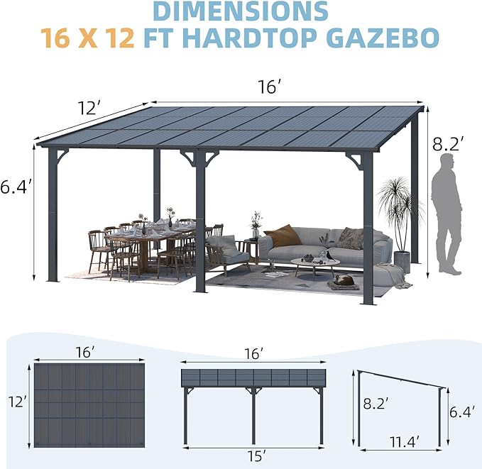 AECOJOY 16' x 12' Gazebo Outdoor Pergola for Patio, Large Wall-Mounted Hard Top 12x16 Lean to Metal Gazebo Shelter Pergolas and Gazebos Clearance with Patio Roof, Heavy Duty Awnings for Patio, Decks