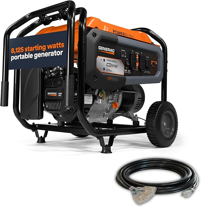 Generac 8,125 Starting Watt Portable Gas Generator - Electric Start - Includes Extension Cord - Home or RV Ready - Quiet, Long Runtime, Emergency Power - 49-State Compliant