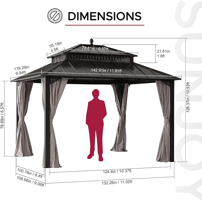 SUNJOY Kingston 12' x 10' Hardtop Gazebo with Galvanized Steel Double Roof, Curtain and Netting, Brown Aluminum Posts Permanent Pavilion Gazebo for Garden, Patio, Deck, Lawn