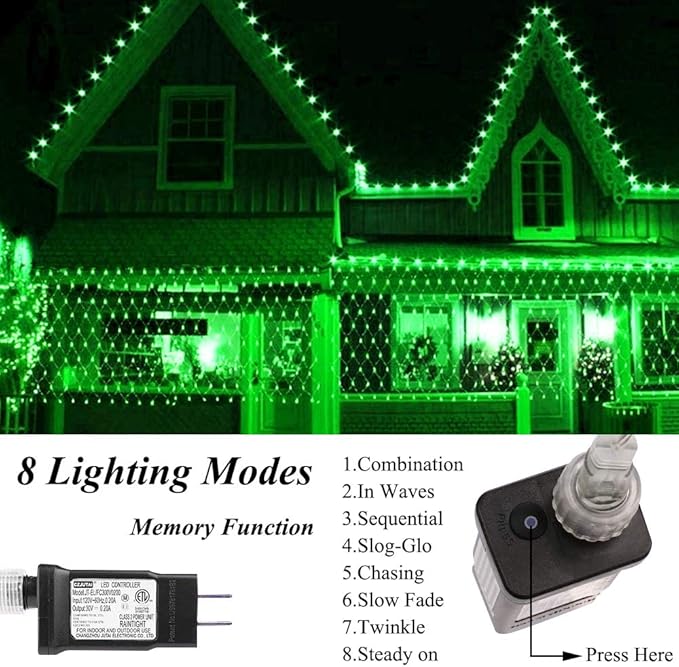 LED Net Lights Mesh Lights Green St. Patrick's Day Decor, 240LED Timer Tree Warp Fairy Lights Outdoor Hanging String Light for Christmas, Garden, Walkway, Bushes Decor-9.8ft x 6.6ft(Green)