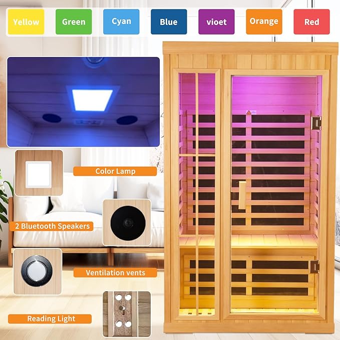 1 to 2 Person Infrared Sauna,Hemlock Wood Low EMF FAR Dry Sauna Indoor Saunas for The Home Remote Control, with Colored Lights 1350W,Room:75.59 * 35.82 * 40Inch