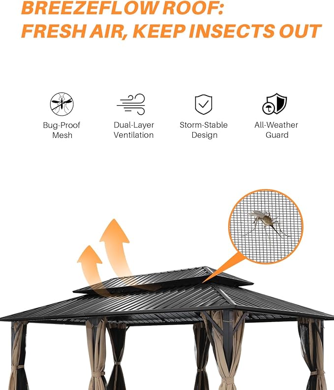 12' x 20' Hardtop Gazebo, Outdoor Patio Gazebo, Aluminum Frame Patio Hardtop Gazebos with Netting and Curtain, Outdoor Patio Pergola with Double Steel Roofs for Deck, Lawns, Parties, Sandstone