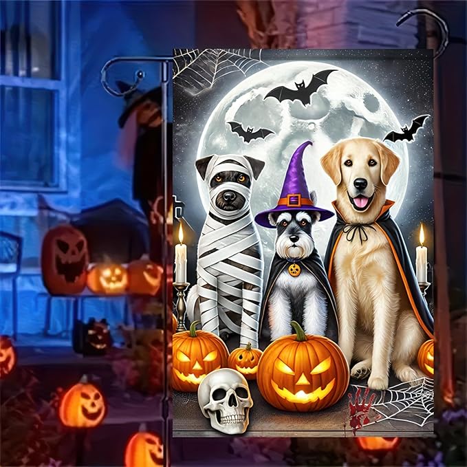 Halloween Garden Flag 12x18 Flag Double Sided Dogs Cat Garden Flag Witch Hats Pumpkins And Full Moon Cute And Spooky Outdoor Yard Lawn Decoration Banner