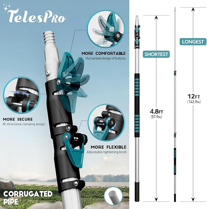 Extendable Tree Trimmer: Manual Pole Saw | 5-12ft Telescoping Pruning Pole for Tree Trimming | Saw Attachment, Safety Goggles, and Gloves Included | Trim Branches up to 2" Diameter