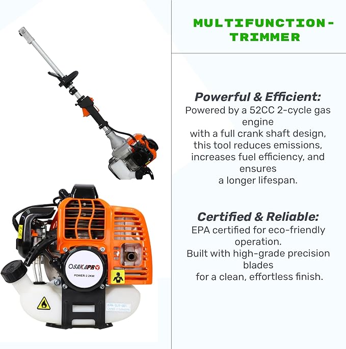52cc 2-Cycle Gas Multi-Trimmer | 12-in-1 String Trimmer w/Rotatable 40” Pole Saw, Weed Eater Weed Wacker, Brush Cutter & Hedge Trimmer Gas for Lawn, Yard, Garden Care, All-in-one Garden Tool