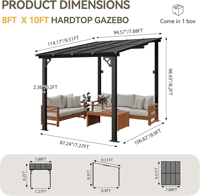 Aoxun 8' x 10' Gazebo for Patio, Gazebo Pergola with Sloped Roof, Large Wall-Mounted Heavy Duty Awnings, for Backyard, Deck, Patio (Gray Polycarbonate Panel)