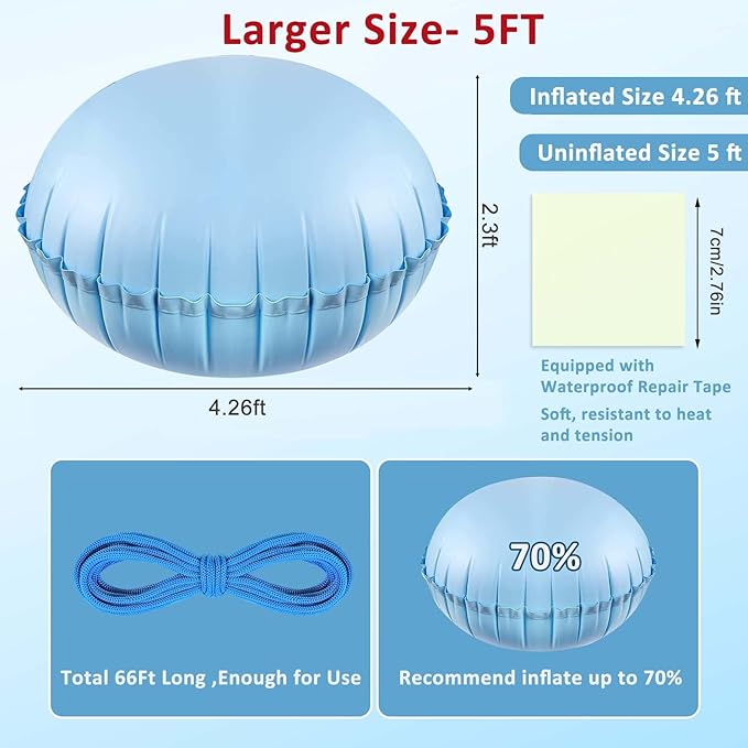 5ft Pool Pillows for Above Ground Pools, Heavy Duty Swimming Pool Air Pillow 0.4mm Thickened Pool Closing Winter Kit Pool Cover Float Balloon with String Repair Tape for Winterizing Ice Equalizer