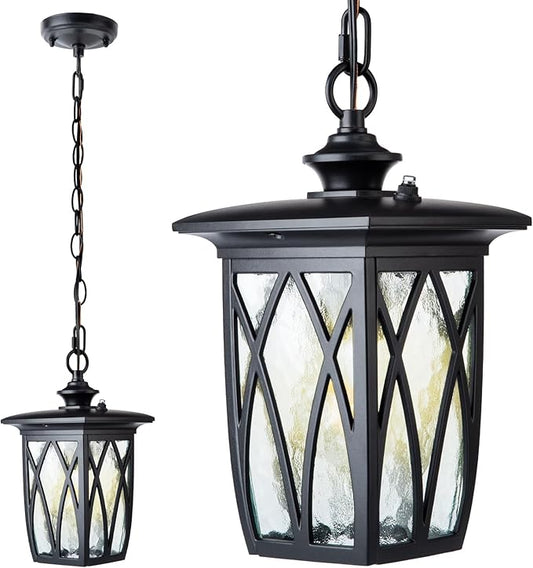 JYZ Dusk to Dawn Outdoor Pendant Lantern, 15 Inch Craftsman Style Large Exterior Hanging Light with Water Ripple Glass, Traditional Outdoor Chandelier for Front Porch Gazebo Patio Garden