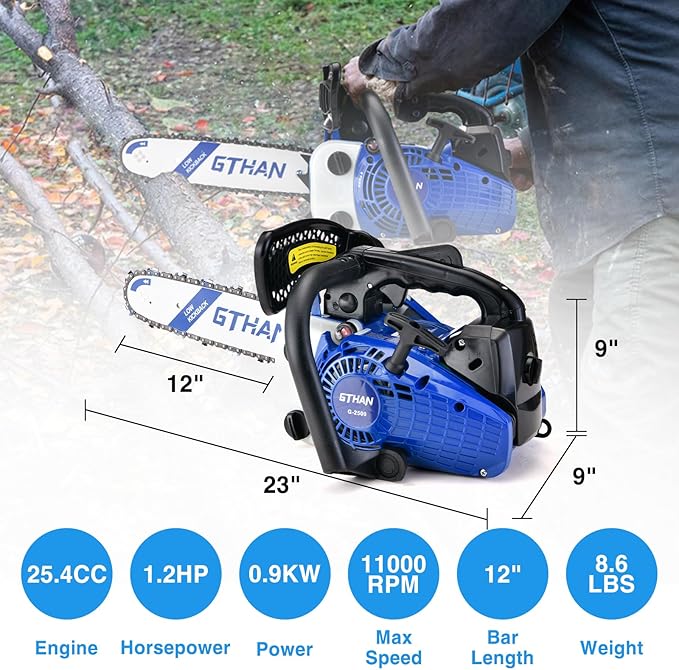 25.4cc Top Handle Chainsaw 2-Cycle Gas Chainsaw 12 Inch Petrol Handheld Cordless Portable Chain Saws for Trees Gas Powered Wood Cutting