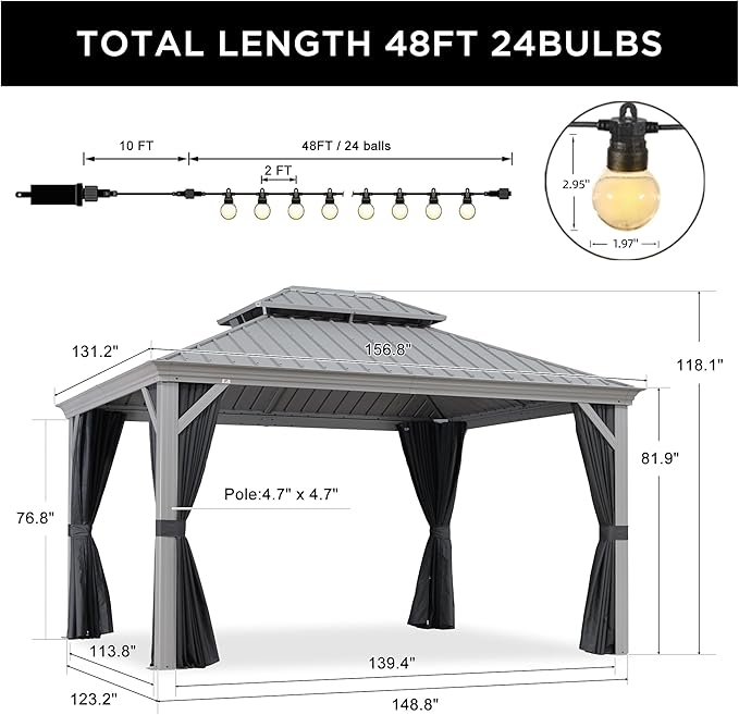 PURPLE LEAF 11' x 13' Hardtop Aluminum Gazebo with Double Metal Roof Heavy Duty All Weather Permanent Gazebo for Pool Patio Deck Lawn Garden All Weather Outdoor Pavilion Gazebos, Light Grey