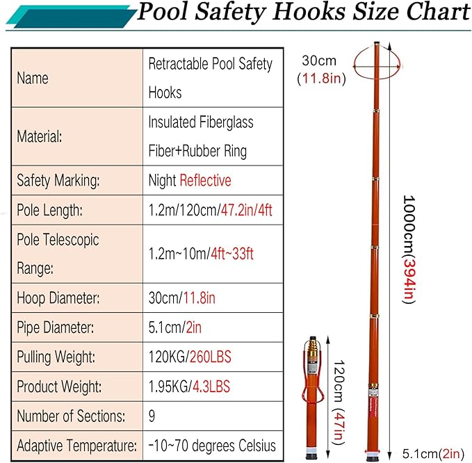 Telescopic Pool Rescue Hook with Pole, 16ft-30ft Adjustable Heavy Duty Pool Pole, Fibreglass Safety Hook Pools, Specialised Emergency Rescue Equipment for Drowning Victims (L:1000cm/33ft)