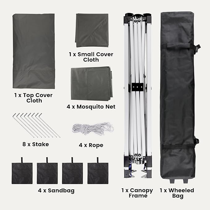 Bealife 11x11 Pop Up Gazebo Tent with Mosquito Netting, Outoor Canopy Tent with 4 Sandbags, 8 Stakes, 4 Ropes, Roller Bag, Pop Up Canopy Tent for Lawn Backyard Garden Deck, Grey