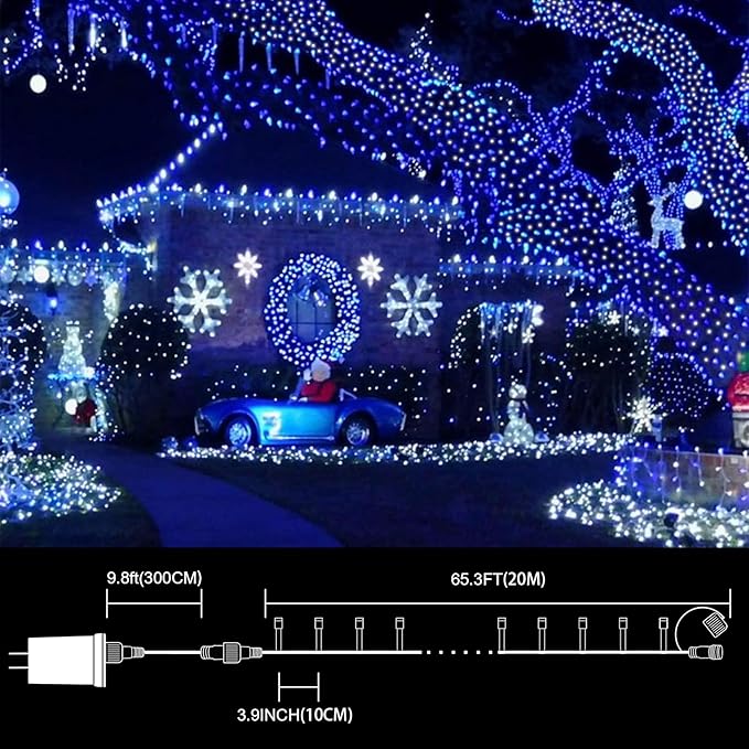 66ft Christmas Decorative Mini Lights, 200 LED Transparent Wire Fairy Starry String Lights Plug in, 16 Lighting Modes for Indoor Outdoor Xmas Tree Wedding Party Decoration (White +Blue)