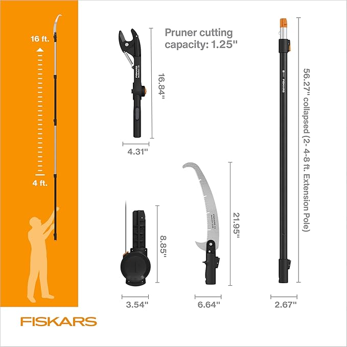 Fiskars XtendControl Extendable Tree Pruner (16 ft), Adjustable Branch Trimmer with Rotating Pruning Head, 15" X3 Double-Hooked Saw, 4-8 ft Extension Poles & Automatic Cord Reel for Precision Cutting