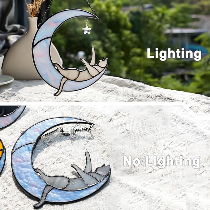 Colorful Crystal Star Grey Cat Decor,Stained Glass Suncatcher for Window Hanging,Birthday Gifts for Cat Lovers Suncatcher Indoor Window, for Women