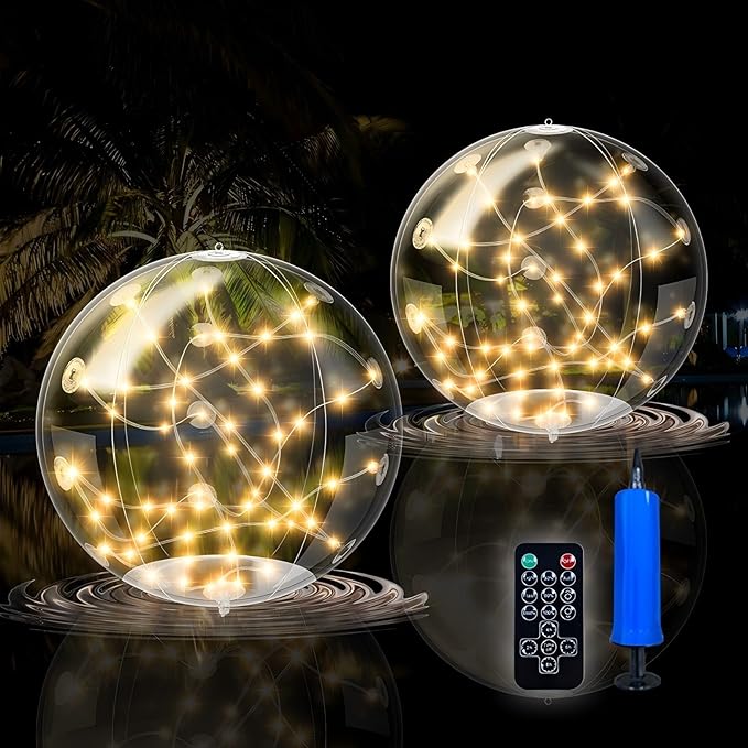 2 Pack Solar Floating Pool Lights, 14 Inch 3000K Warm White Inflatable LED Pool Balls with Remote, IP68 Waterproof Pool Lights That Float for Swimming Pool Party Yard Outdoor Decor