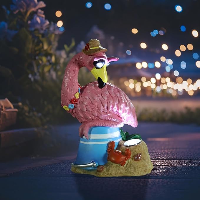 Flamingo Garden Statue Outdoor Decor, Resin Garden Flamingo Figurine Sculpute with Solar Lights for Yard Porch Lawn Decorations, Outdoor Statues Housewarming Flamingo Gifts for Women