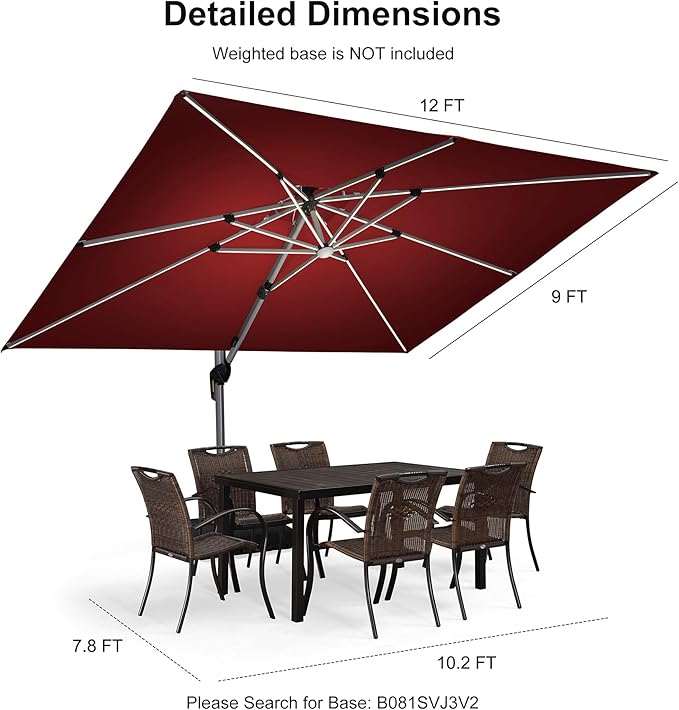 PURPLE LEAF 9' X 12' Solar Powered LED Rectangle Patio Umbrella Offset Cantilever Umbrellas Outdoor Market Umbrella Double Top Deluxe Garden Umbrellas, Terra