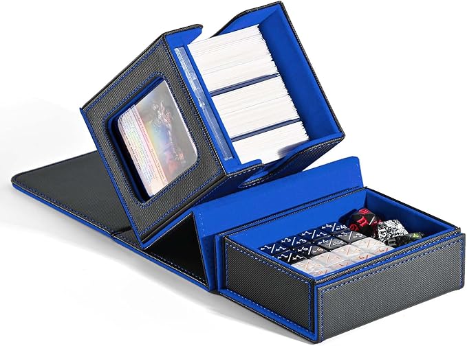 ZLCA MTG Commander Deck Box with Display Window,Deck Box Holds 100 Double-Sleeved with Dice Tray & 35pt Magnetic Card Holder（Black& Blue）