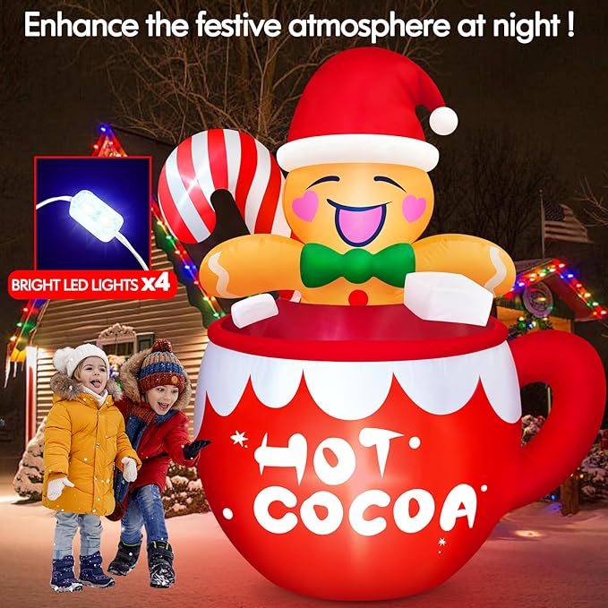 Danxilu 6FT Christmas Inflatable Outdoor Decorations, Cute Blow Up Hot Cocoa Gingerbread Man with Candy Canes Built-in LED Xmas Inflatable Yard Decorations for Outside Indoor Garden Lawn Holiday Party